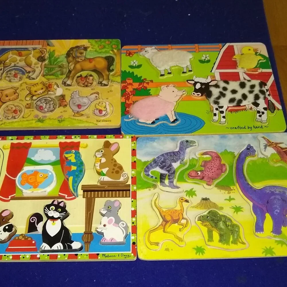 Melissa & Doug Wooden Peg Puzzles Pets, Dinosaurs, Farm Animals x 4